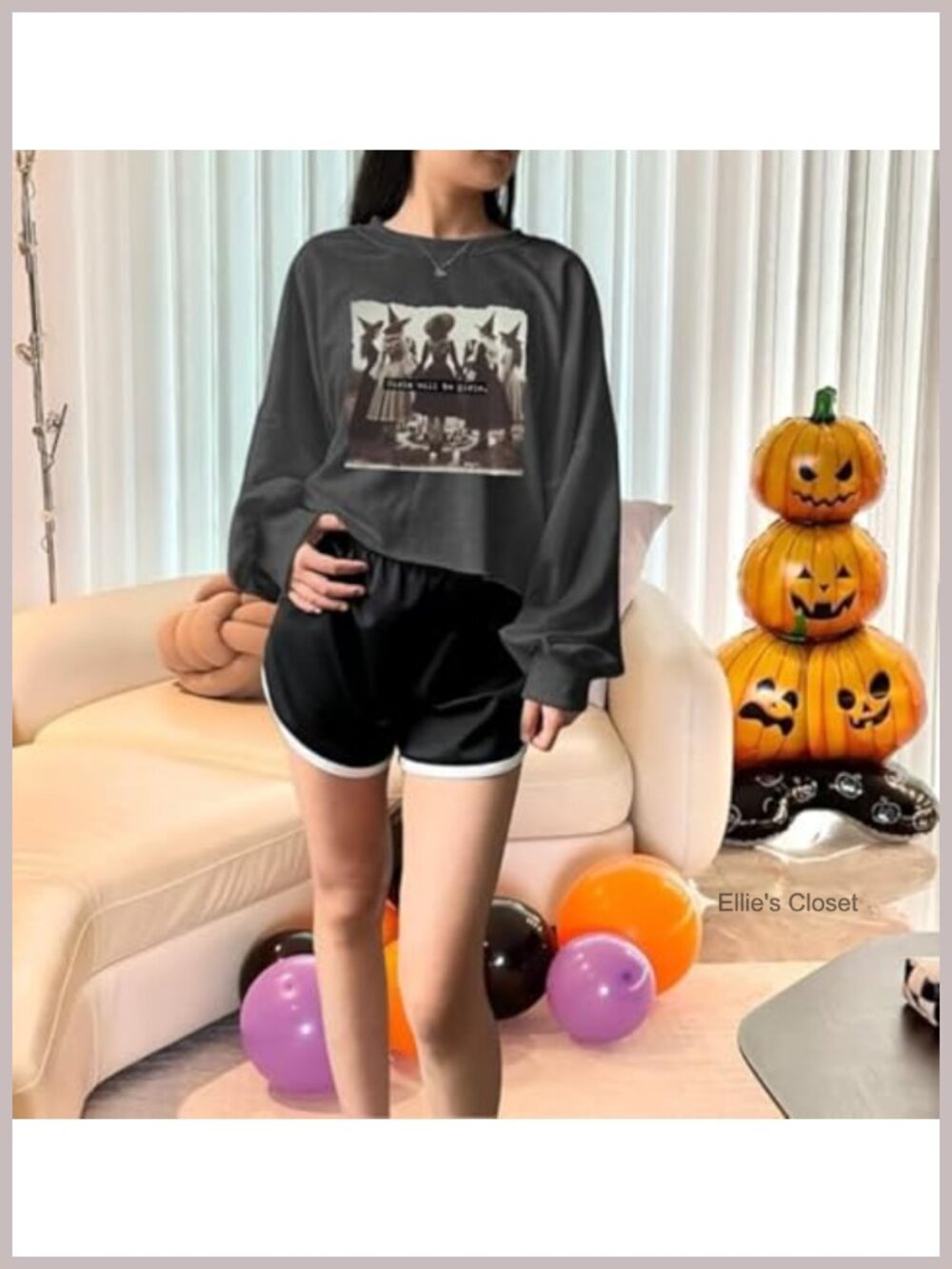 Women's Crop Sweatshirt Cotton Blend Halloween Crew Neck Long Sleeve - Picture 2 of 6